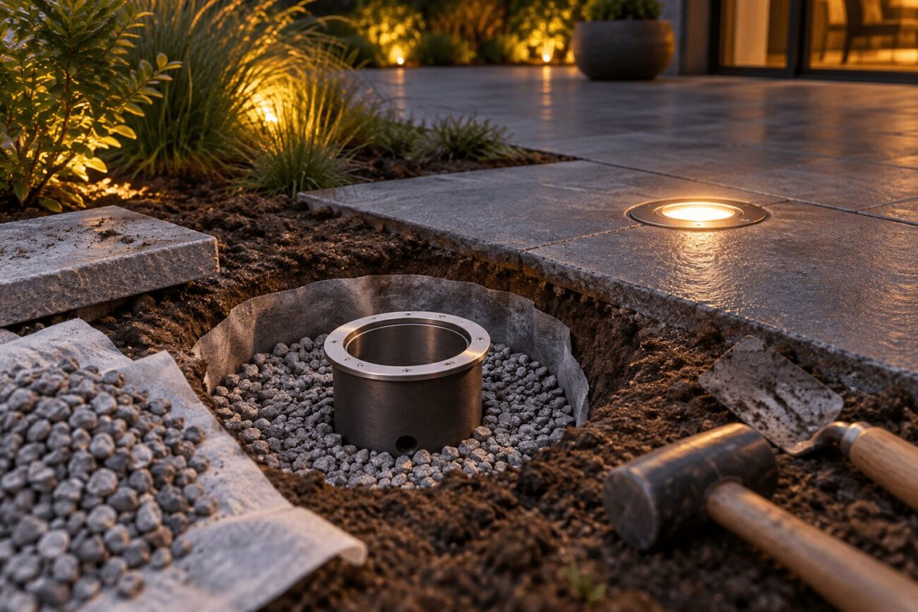 Einbaugehäuse aus Edelstahl in einer Grube mit Kiesbett und Vlies neben Terrassenplatten, im Hintergrund ein leuchtender Bodeneinbaustrahler