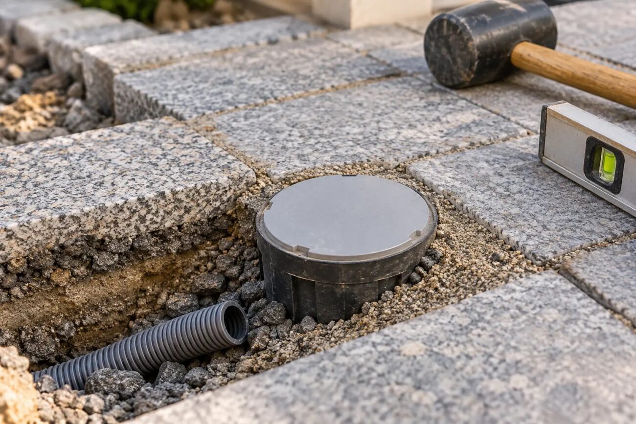 Rundes Einbaugehäuse mit Schutzdeckel zwischen zugeschnittenen Granitpflastersteinen, daneben Gummihammer, Wasserwaage und ein Leerrohr in der offenen Tragschicht