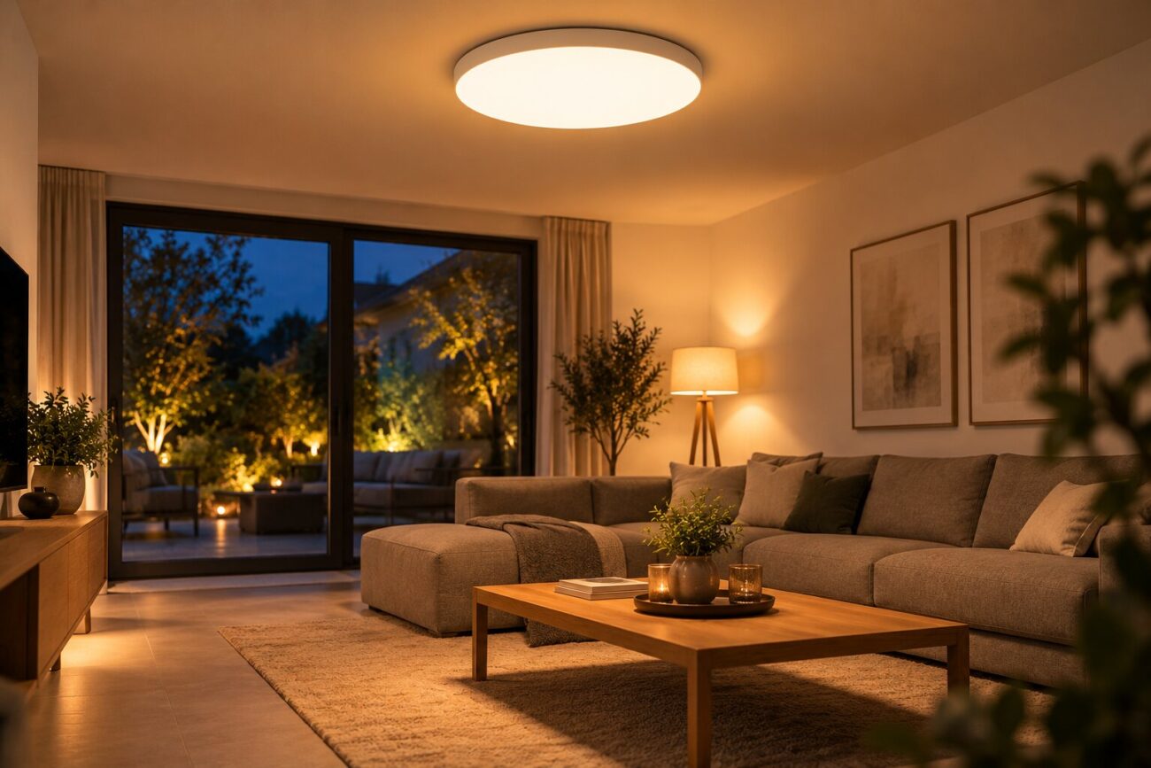 Gemütliches Wohnzimmer am Abend mit großer runder, flacher Deckenleuchte, grauem Sofa, Couchtisch aus Holz, Stehleuchte und Blick auf die beleuchtete Terrasse