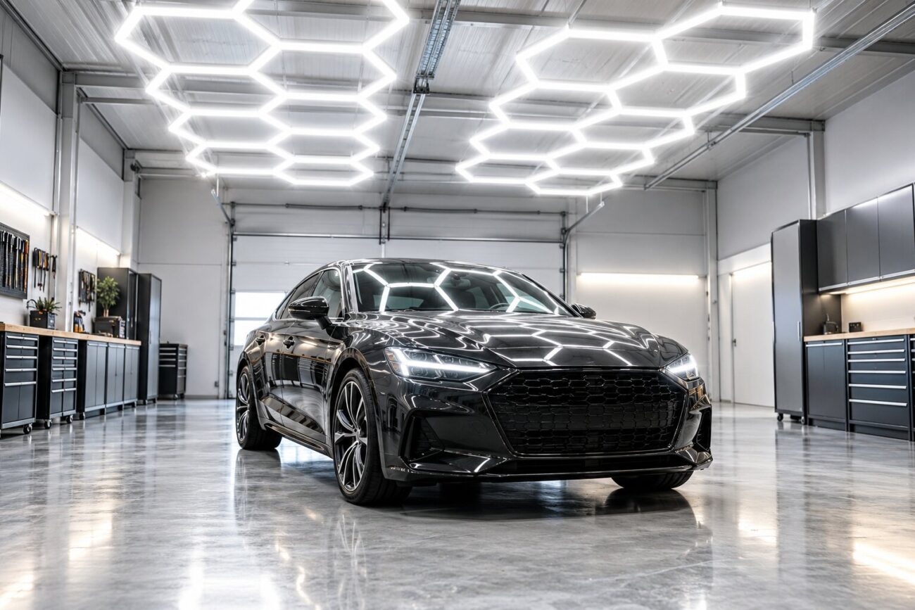 Helle Garage mit zwei großen Hexagon-LED-Deckenfeldern über einem schwarzen Fahrzeug auf poliertem Betonboden, links und rechts Werkzeugschränke und Werkbänke