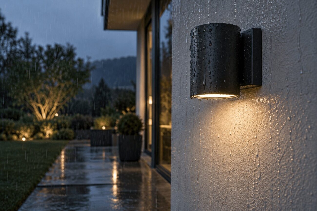 Schwarze Außenwandleuchte an einer verputzten Hauswand im Regen, Wassertropfen laufen am Gehäuse herab, im Hintergrund ein beleuchteter Garten