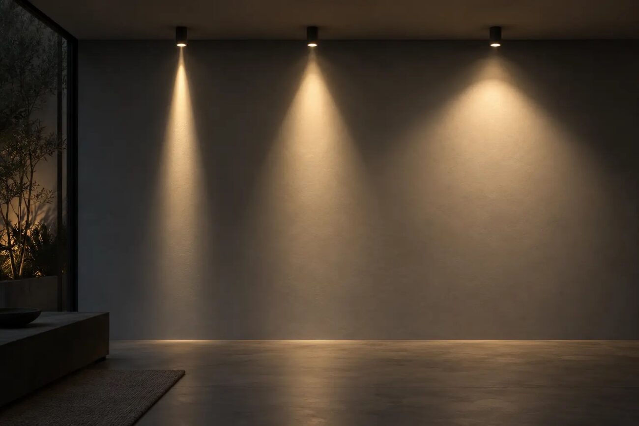 Drei Deckenspots erzeugen an einer grauen Wand drei unterschiedlich breite Lichtkegel, links schmal, in der Mitte mittel, rechts breit, in einem abgedunkelten minimalistischen Raum