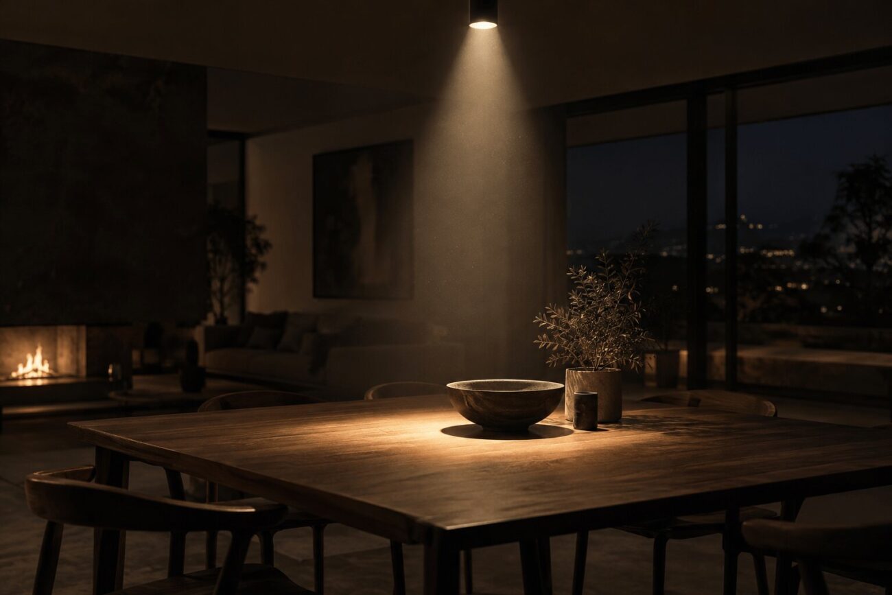 Deckenspot erzeugt einen sichtbaren Lichtkegel auf einem Holztisch mit Schale und Pflanze in einem abgedunkelten Wohnraum mit Kamin