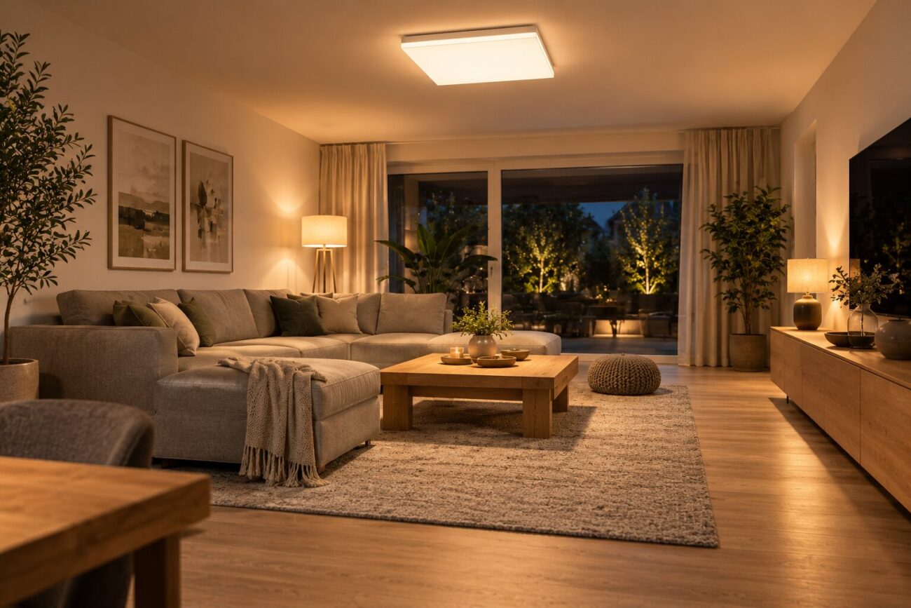 Wohnzimmer am Abend mit quadratischer flacher Deckenleuchte als Grundlicht, Stehleuchte und Tischleuchte als Zusatzlicht, Sofa, Couchtisch und Blick in den beleuchteten Garten