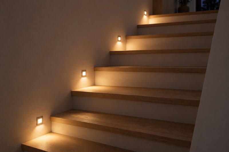 Holztreppe mit Eichenstufen, an der Wand sind quadratische LED-Leuchten an jeder zweiten Stufe eingelassen und beleuchten die Stufen in warmem Licht