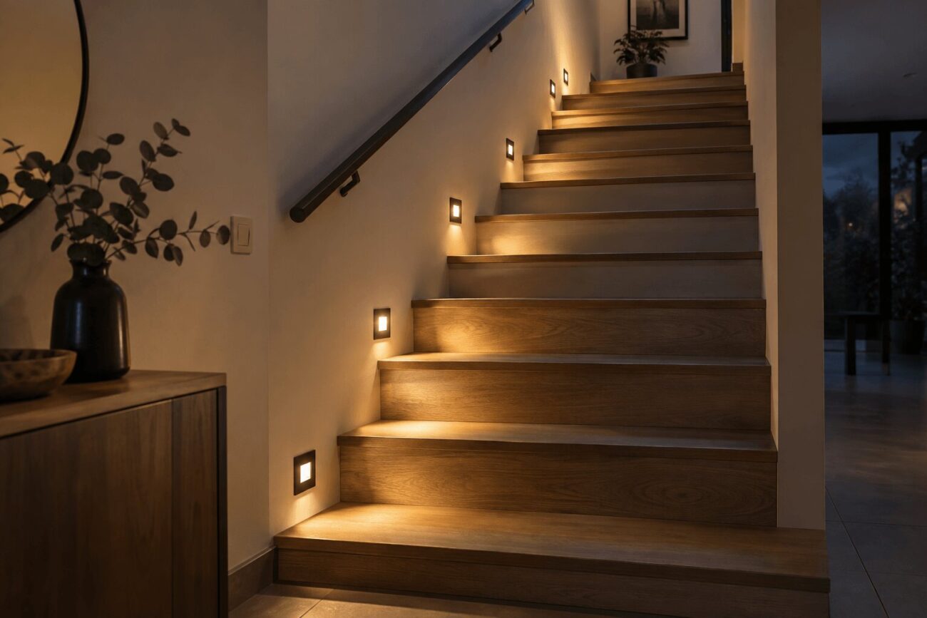 Holztreppe mit seitlich in der Wand eingebauten quadratischen LED-Leuchten, die die Stufen warmweiß ausleuchten