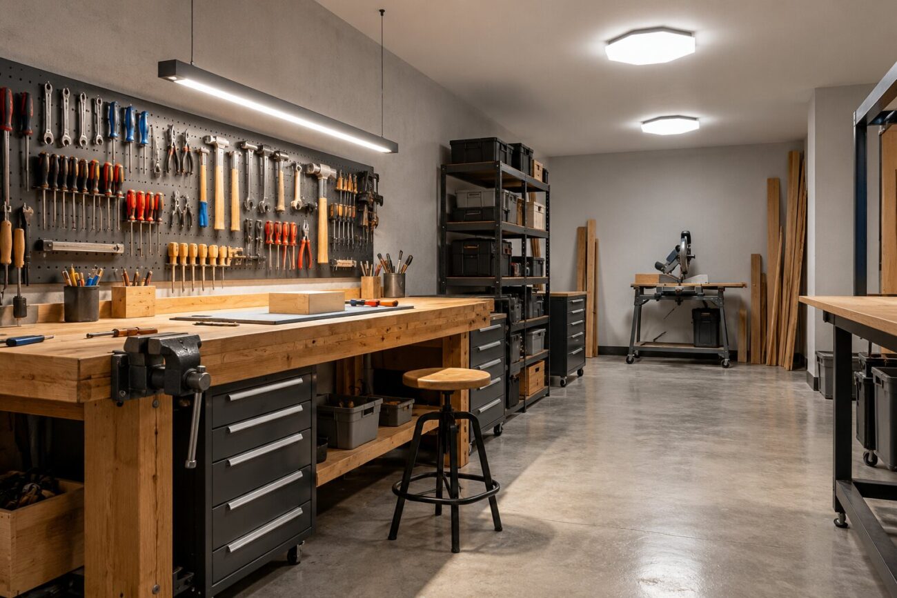Werkstatt mit Holzwerkbank, Schraubstock und Werkzeugwand, darüber eine abgehängte Linearleuchte, an der Decke zwei achteckige Leuchten, im Hintergrund eine Kappsäge und Holzlatten